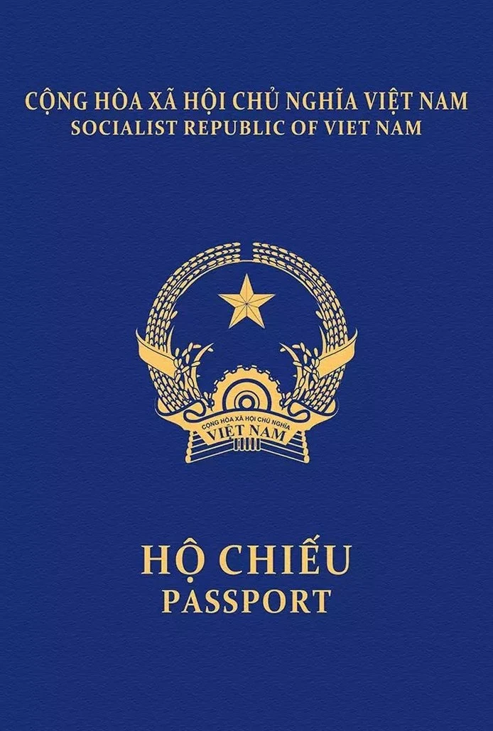 navy blue Vietnamese passport cover with the gold national emblem
