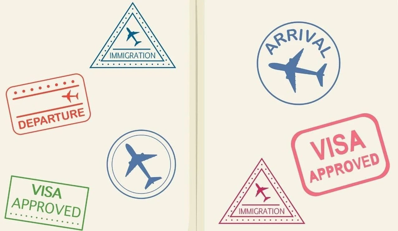departure, arrival, immigration, and visa-approved stamp illustrations side by side