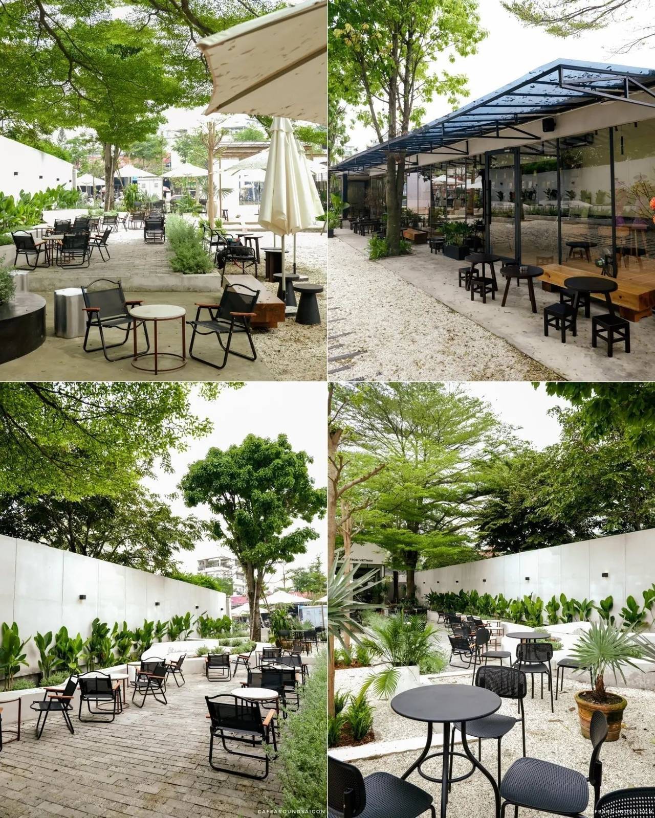 outdoor cafe tables under trees in a Da Nang park at dusk