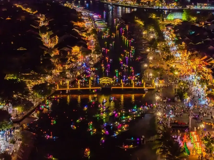 Aerial view of Hoi An lantern festival with colorful lights