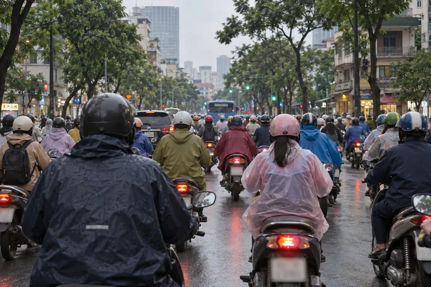 Motorbike riders in rain jackets in dense traffic on a wet Vietnamese city street