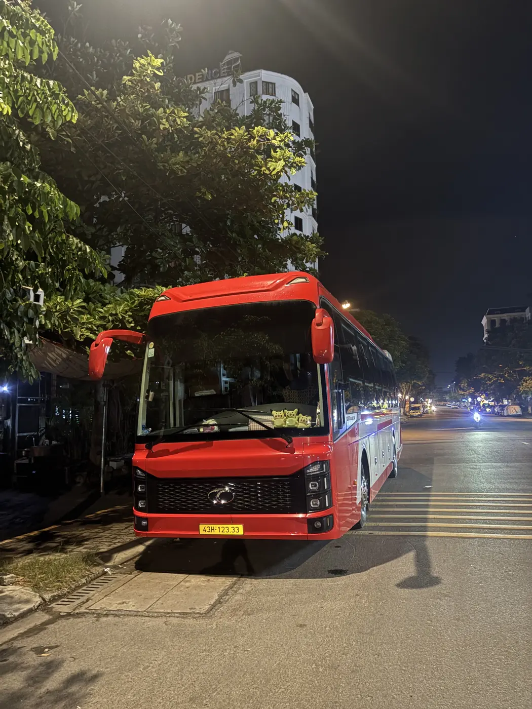 Red Best Bus Vietnam sleeper bus parked at a night pickup point