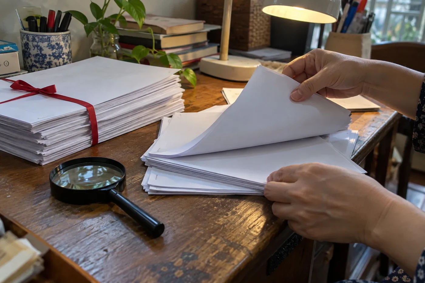 Hands turn through a stack of printed pages next to a magnifying glass and a bundle of papers