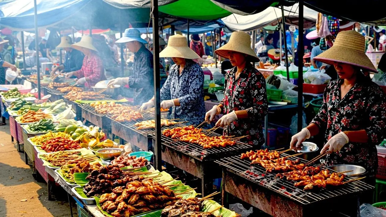 Two women cooking street food at an outdoor market stall in Da Nang