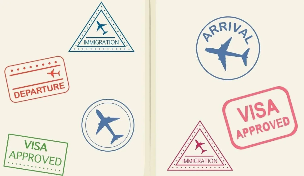 Visa approved and arrival immigration stamp icons over a passport page