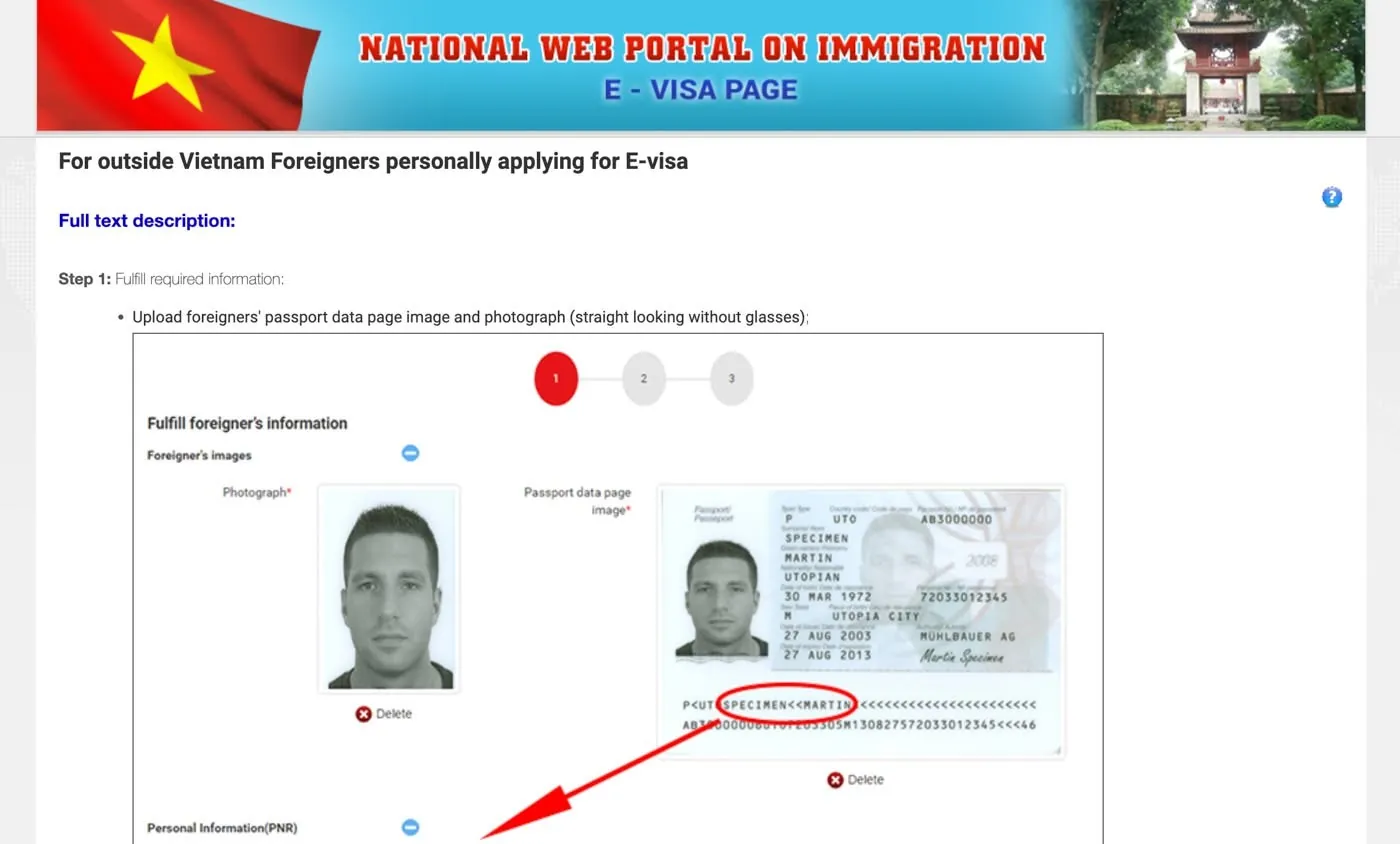 Vietnam’s official government e-visa portal open on a computer screen