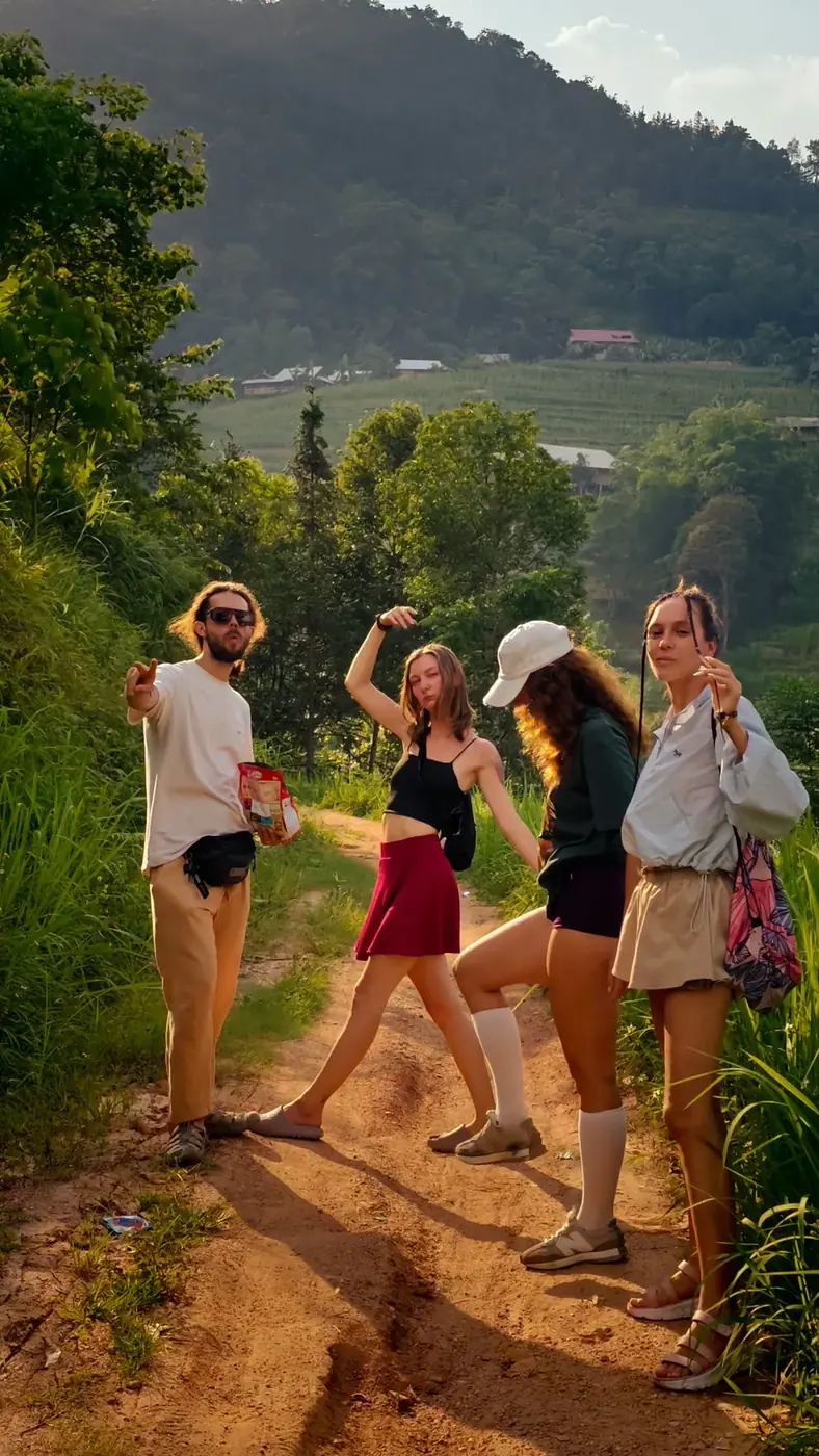 Group of friends on a rice terrace trail in northern Vietnam