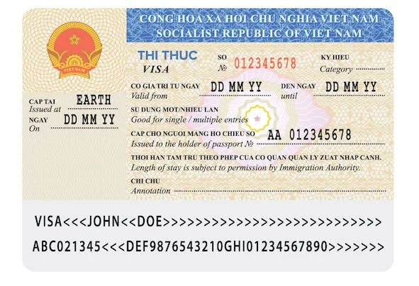 Specimen Vietnam e-visa document with placeholder sample fields