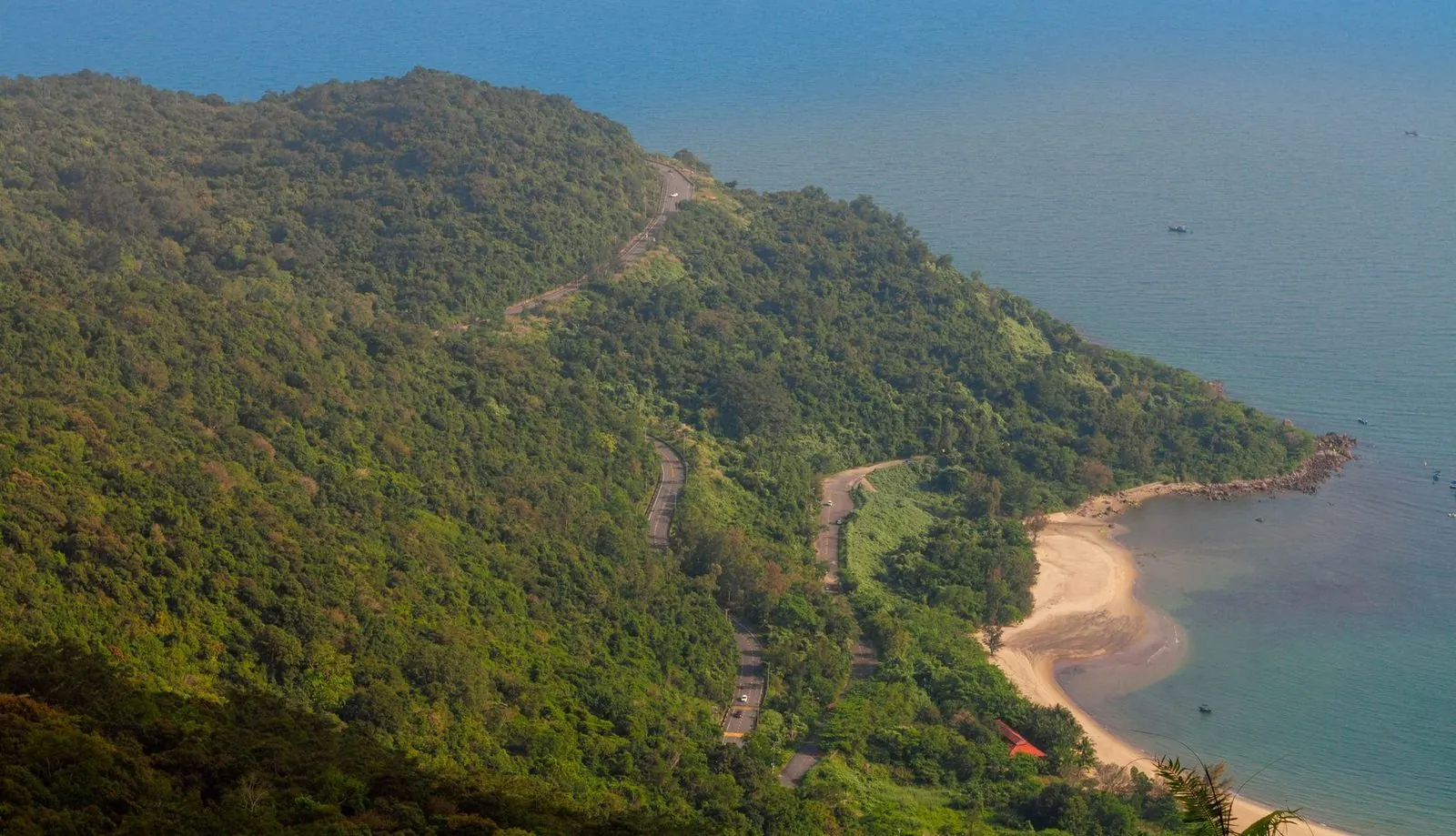 Aerial view of the coastal road and beach along Da Nang’s coastline