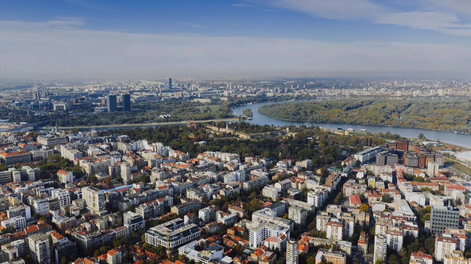 Aerial view of Belgrade, Serbia along the river