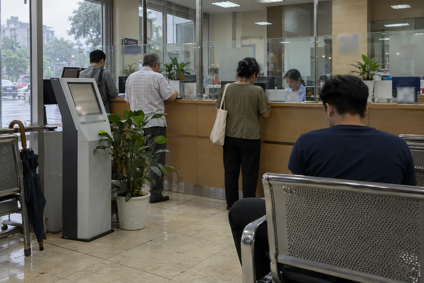 Customers waiting at counters inside a Vietnamese bank branch with a ticket kiosk