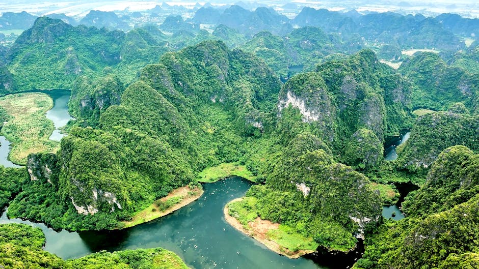 Aerial view of Ninh Binh, Vietnam — karst mountains and river winding through jungle