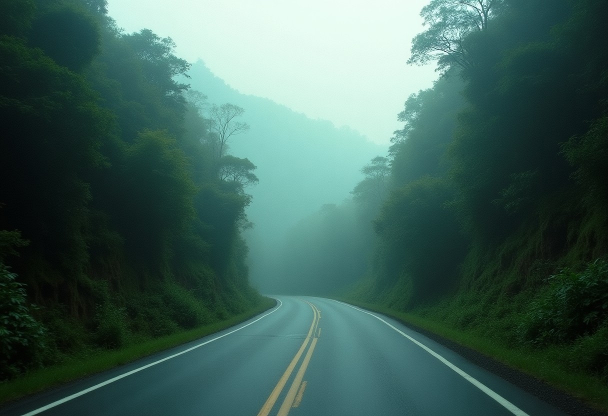 Winding mountain road through dense misty jungle in central Vietnam on the route toward Laos