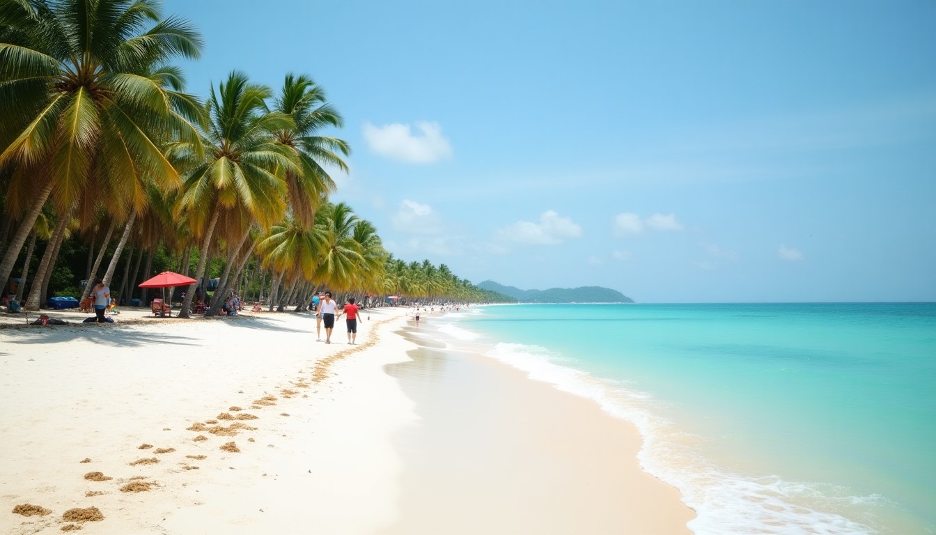 Aerial view of Da Nang coastline with curved white sand beach and turquoise sea beside the city