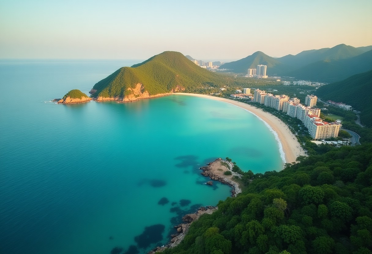 Aerial view of Nha Trang bay with turquoise water, curved beach, and hotels along the lush green coastline