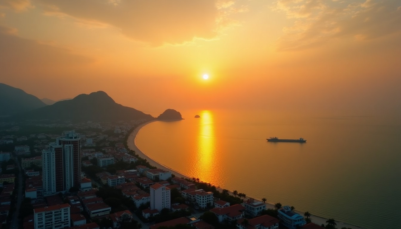 Tropical Vietnamese coastal city at sunset with golden orange sky and calm sea, drone view