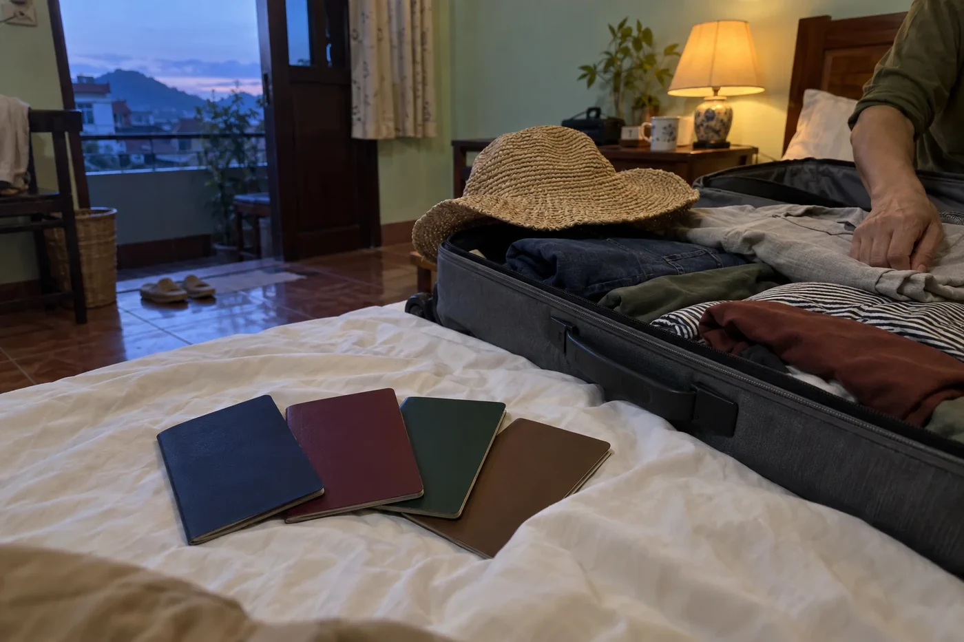 Family passports laid out on a table before a residence card application