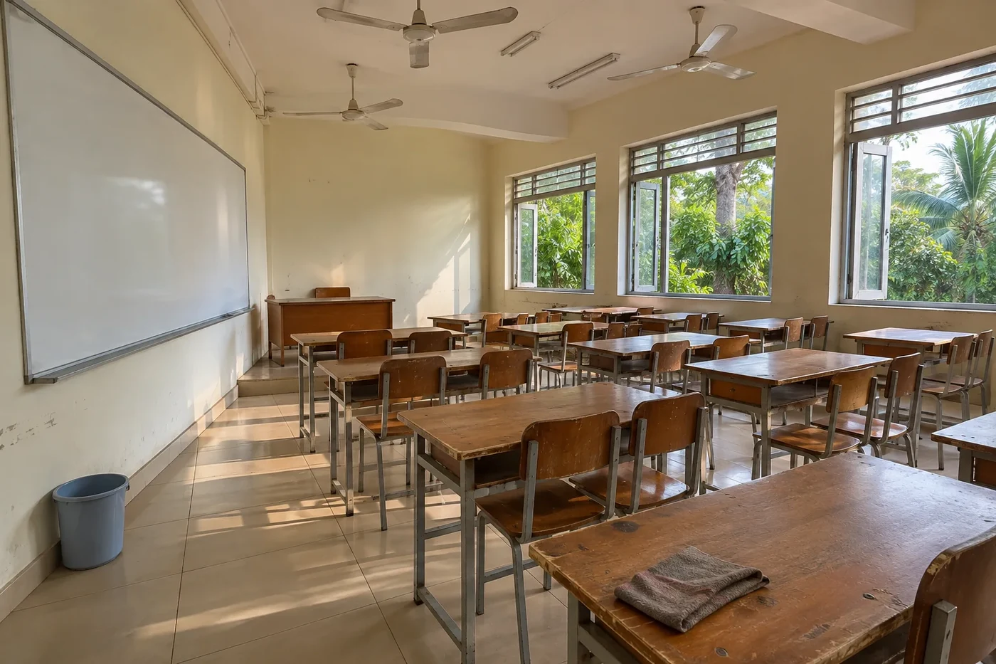 Empty classroom with wooden desks and a whiteboard in a school in Vietnam