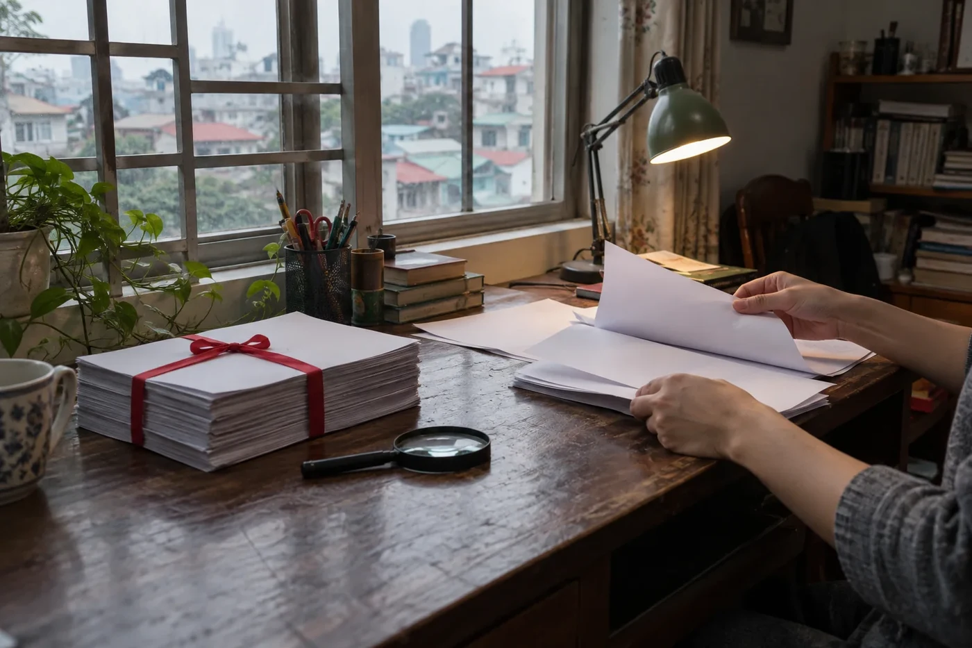 Desk with translated and notarized documents for a student visa file