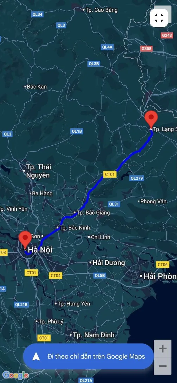 Route from Hanoi to Lang Son along the CT01 expressway toward the Chinese border, about 170 km