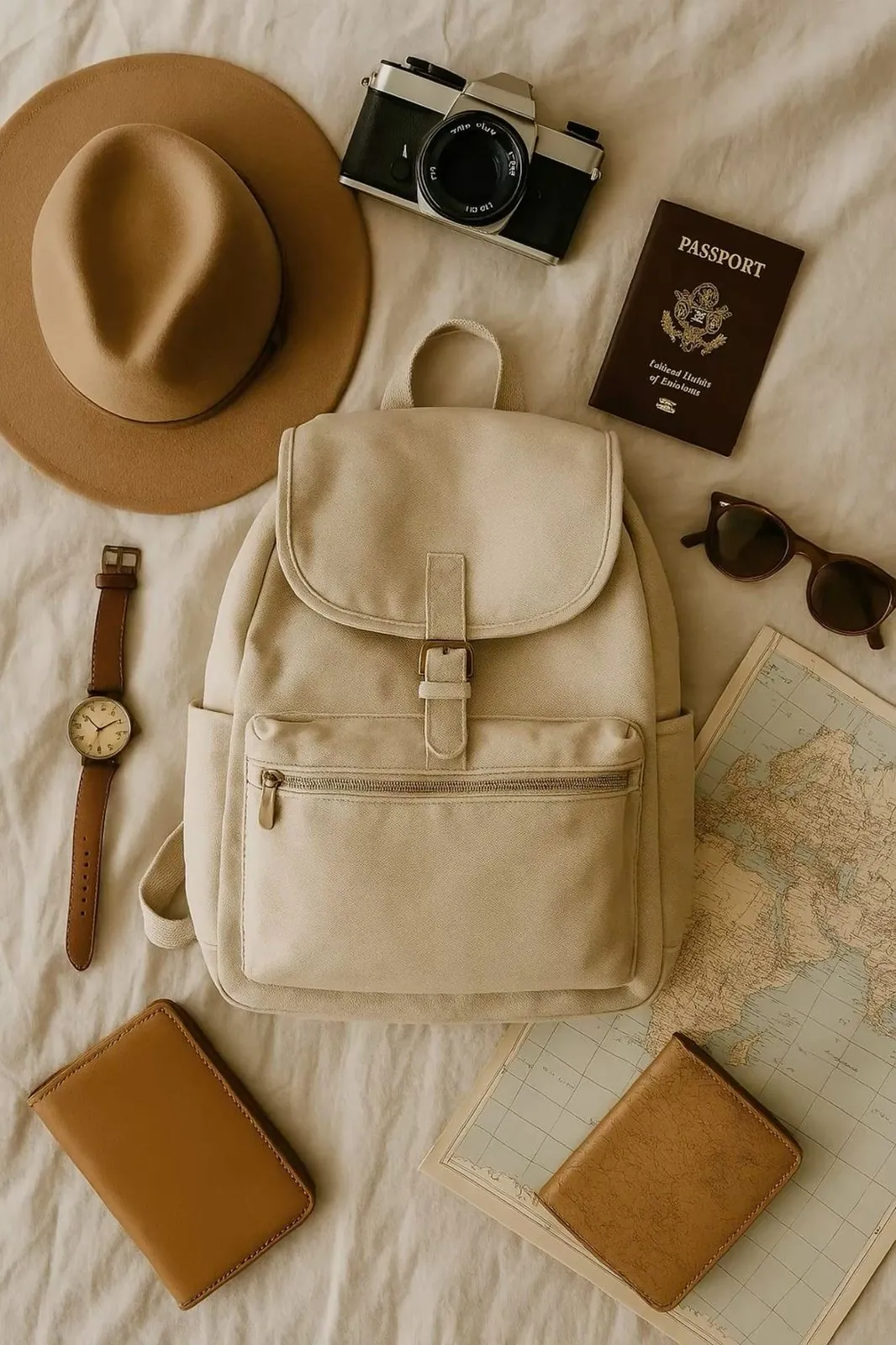 Travel day pack with passport and map