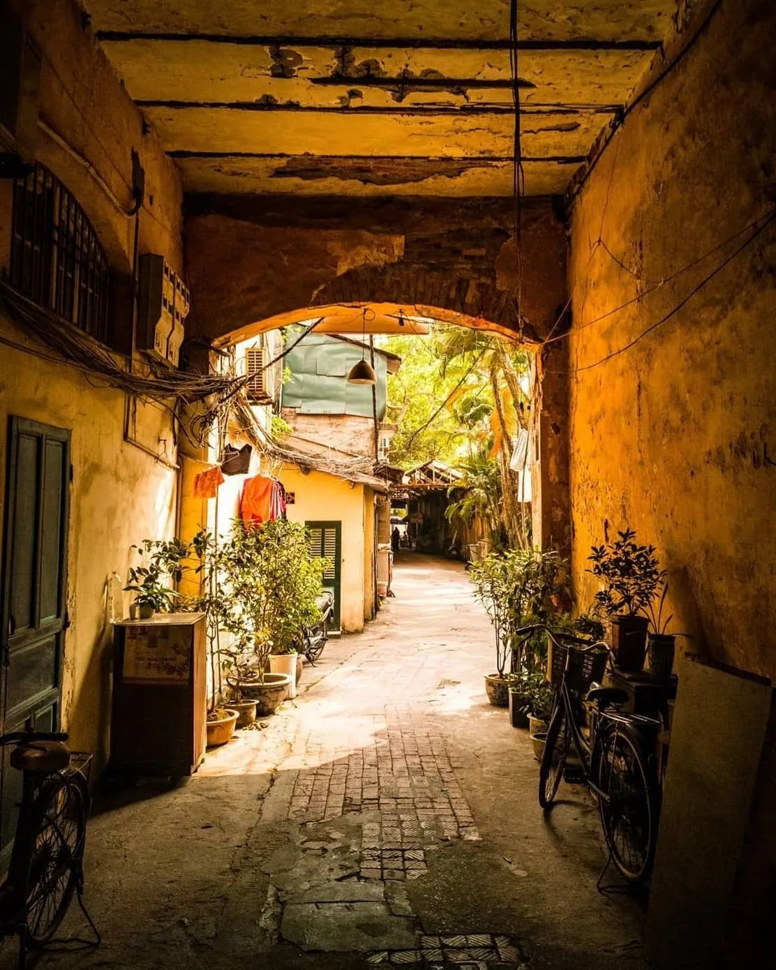 Quiet residential alley with bicycles in a Vietnamese neighborhood