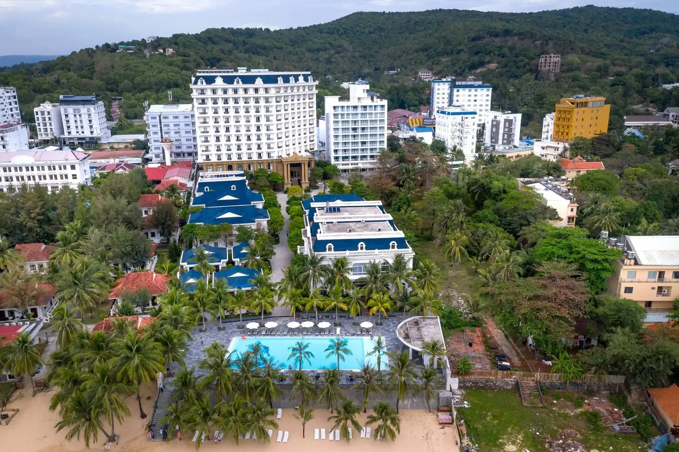 Aerial view of a resort by the beach on the Phu Quoc coast