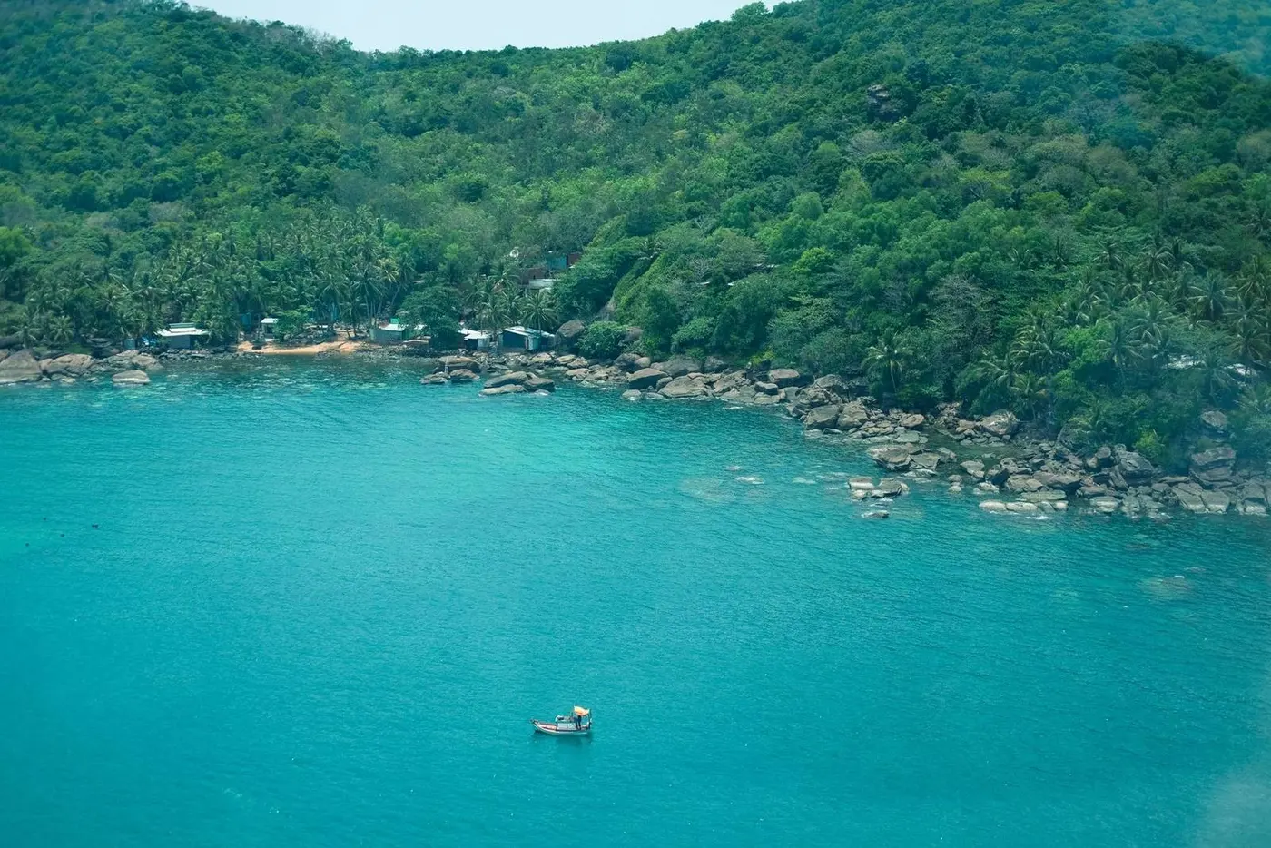 Rocky bay with calm water on the east side of the island