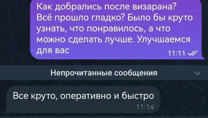 Telegram review screenshot from клиент, 2024-09-25 — Best Bus visa run / e-visa client feedback